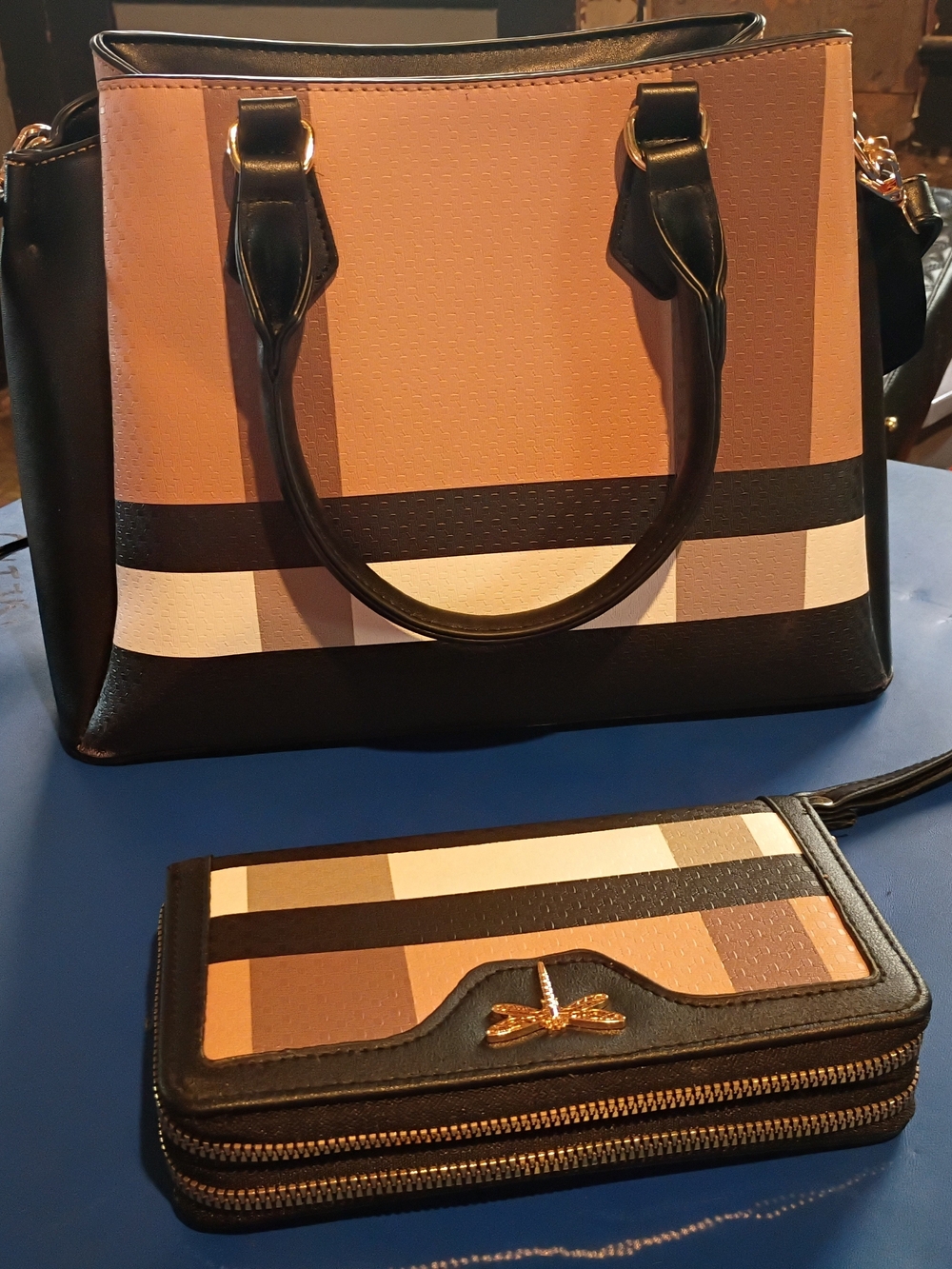 Deluxity Brown & Black Striped Tote Bag with Matching Wallet